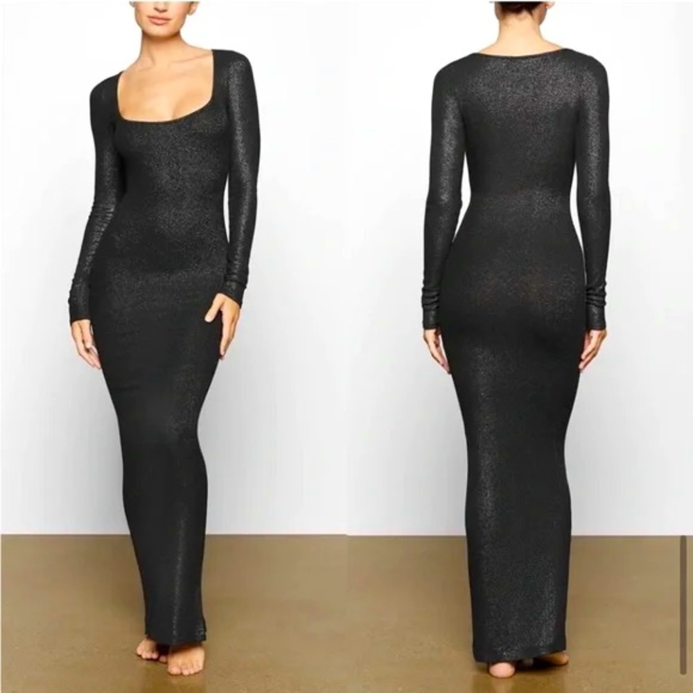 Skims Onyx Shimmer Soft Lounge Maxi Dress 🖤🪩